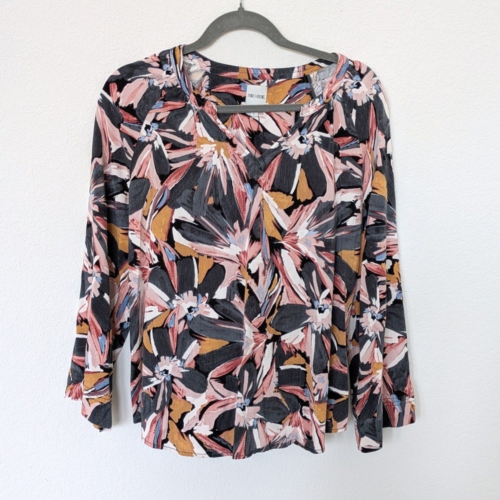 NIC+ZOE Womens Zenergized Live-In Top Floral 3/4 Sleeve Boho Size L